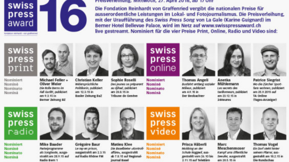 Swiss Press Awards: Nominationen bekannt gegeben