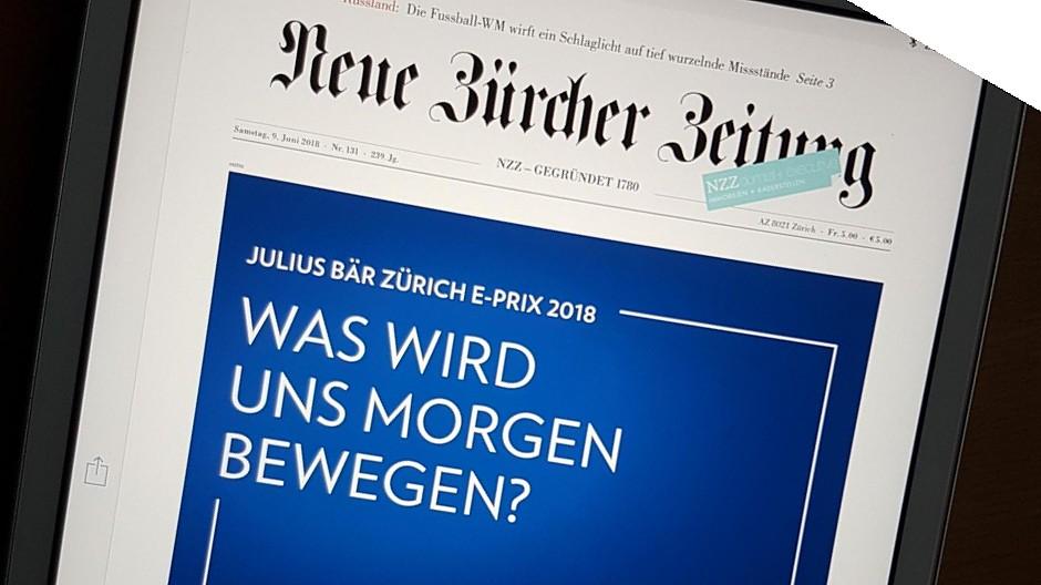 Formel E Rennen in Zürich: Julius Bär ziert am Samstag die NZZ