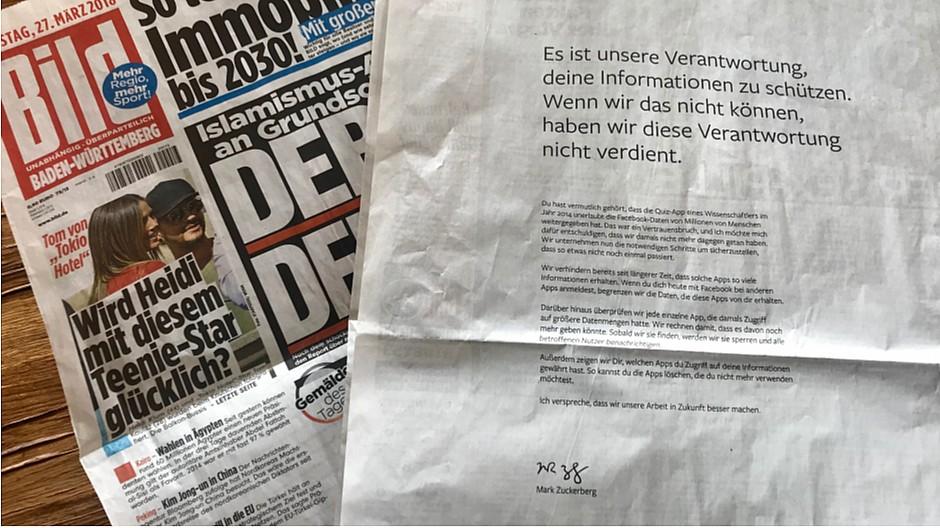 Datenskandal um Facebook: Sorry-Inserate nun auch in Deutschland