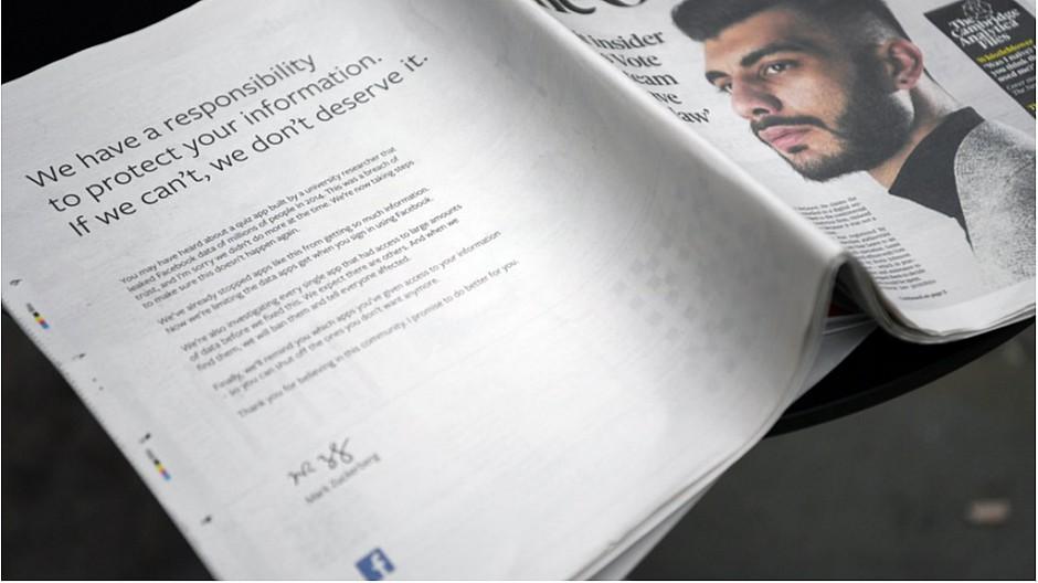 Datenskandal um Facebook: Mark Zuckerberg schaltet Zeitungsinserate