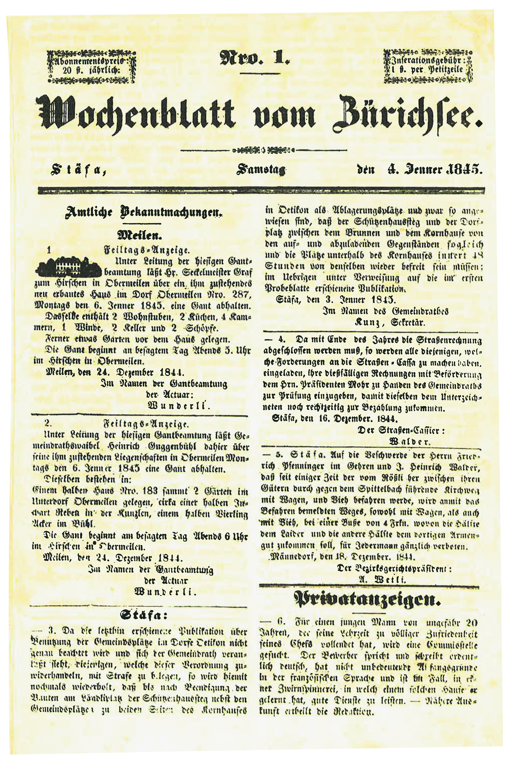 Zürichsee-Zeitung_Erste-Ausgabe_Wochenblatt_04.01.1845